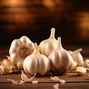 A few cloves of garlic on a wooden table